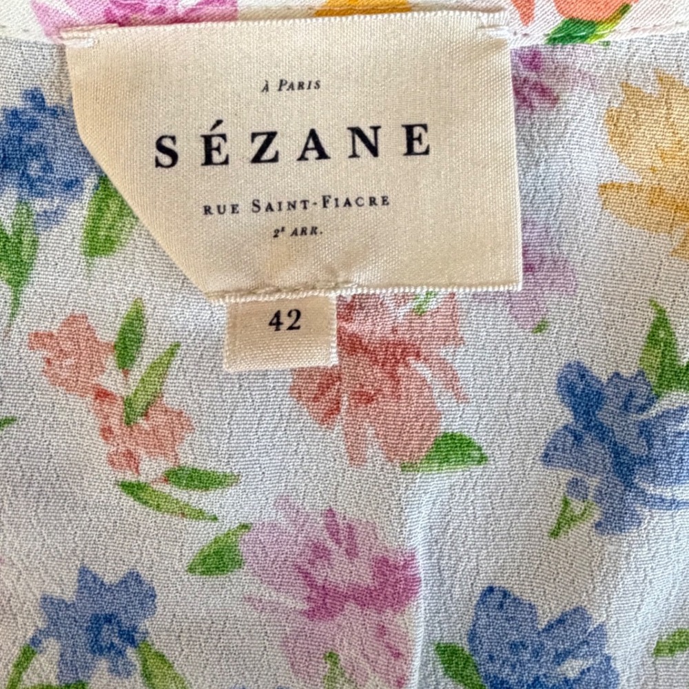 Sezane Floral Blouse Womens 42 White Multi Tie Front Flutter Sleeve V-Neck Top - Picture 7 of 7